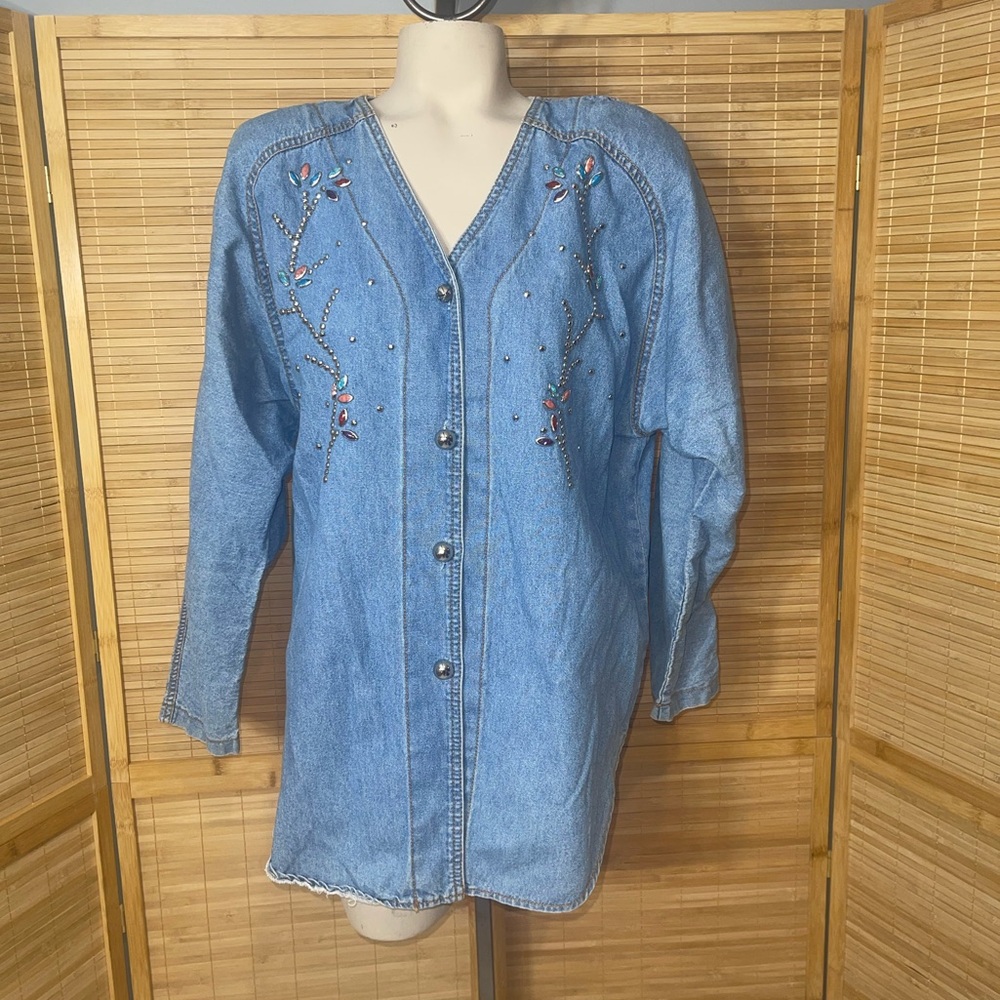 Vintage Bingo Bingo! Denim jean beaded embellished blouse top shirt woman’s 12 L